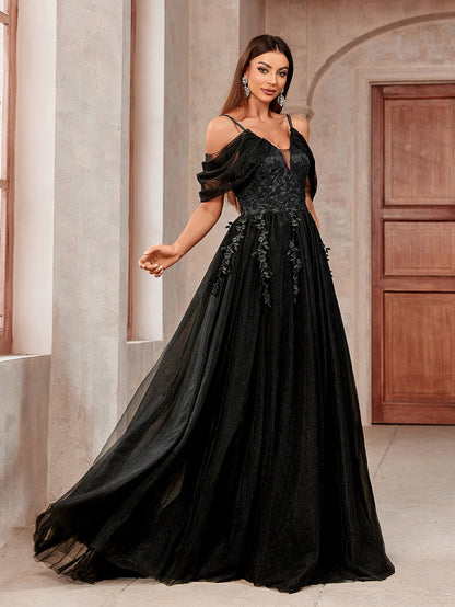 Princess Maxi Gown with V-Neck and Off-Shoulder Sleeves