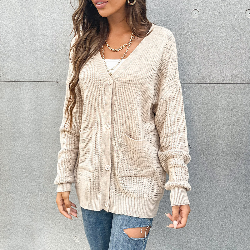 Loose Knit Cardigan with V-Neck and Front Pockets