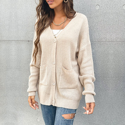 Loose Knit Cardigan with V-Neck and Front Pockets