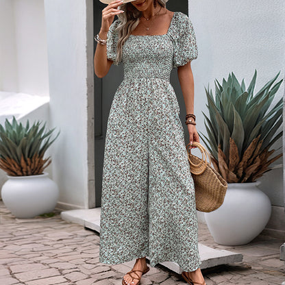 Floral Wide-Leg Jumpsuit with Square Neck and Puff Sleeves