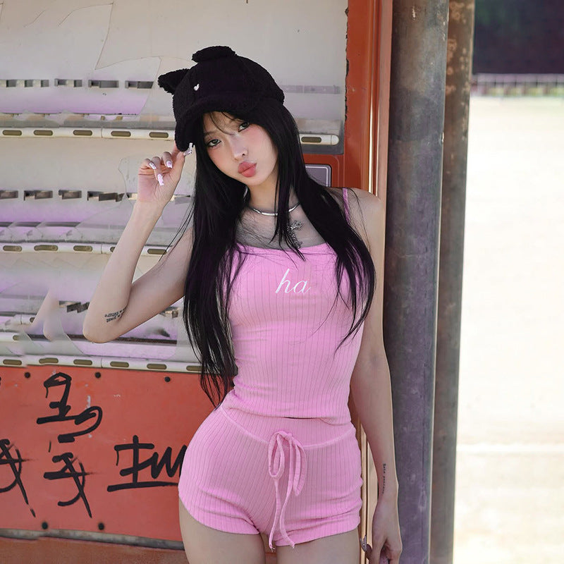 Slim-Fit Ribbed Shorts Set with Letter Embroidered Sling Top