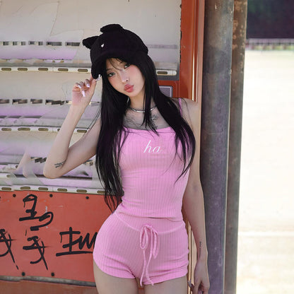 Slim-Fit Ribbed Shorts Set with Letter Embroidered Sling Top