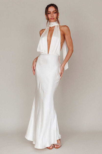 Satin Halter Maxi Dress with Deep V-Neck and Scarf Tie