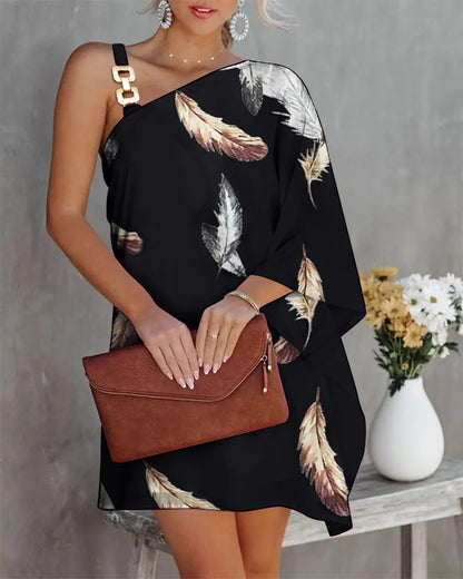 Printed One-Shoulder Mini Dress with Bat Sleeves