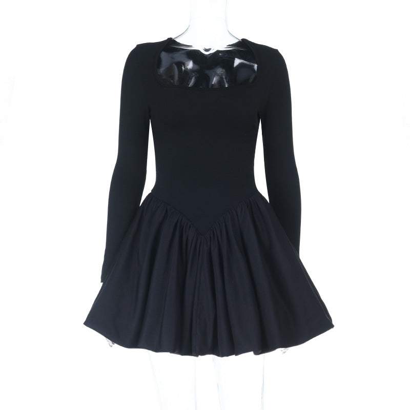 Bubble Hem Mini Dress with Square Neck and Long Sleeves