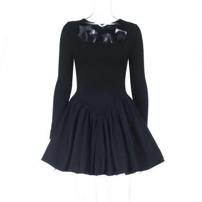Bubble Hem Mini Dress with Square Neck and Long Sleeves