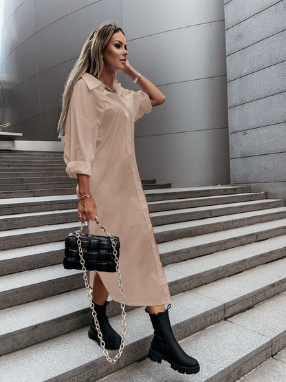 Loose Collared Midi Shirt Dress with Button Front