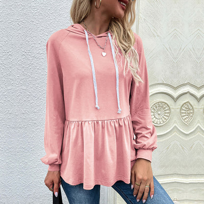 Solid Peplum Hoodie with Ruffle Hem and Drawstring