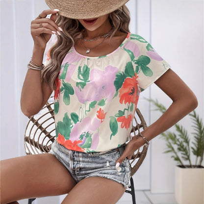 Floral Print Short-Sleeved Top with Round Neck