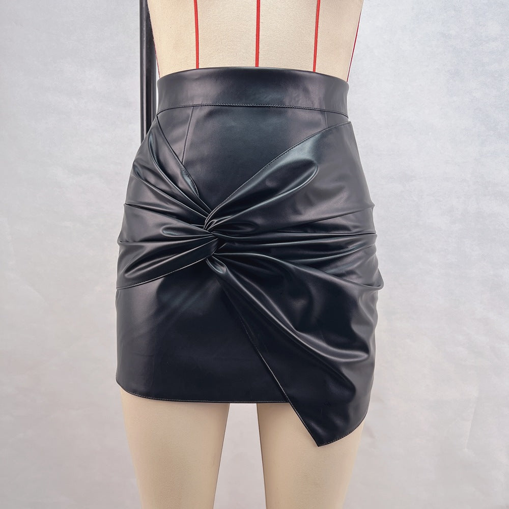 High-Waist PU Leather Mini Skirt with Front Knot Detail