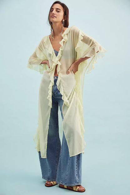 Asymmetrical Ruffled Chiffon Duster with Dolman Sleeves