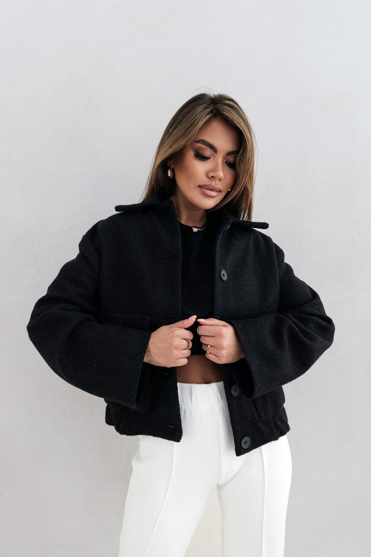 Cropped Shacket with Lapel Collar and Ribbed Hem