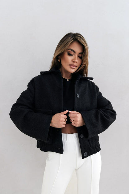 Cropped Shacket with Lapel Collar and Ribbed Hem