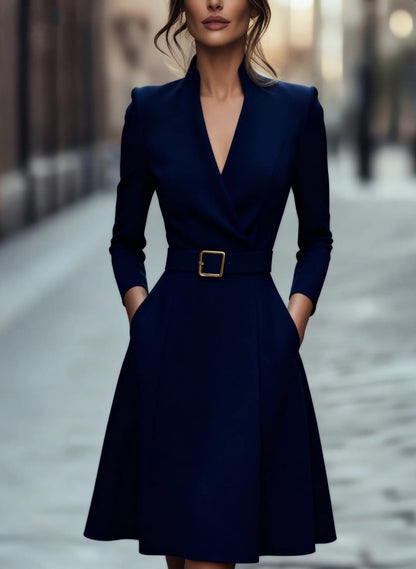 A-Line Midi Dress with Wrap V-Neck and Belted Waist