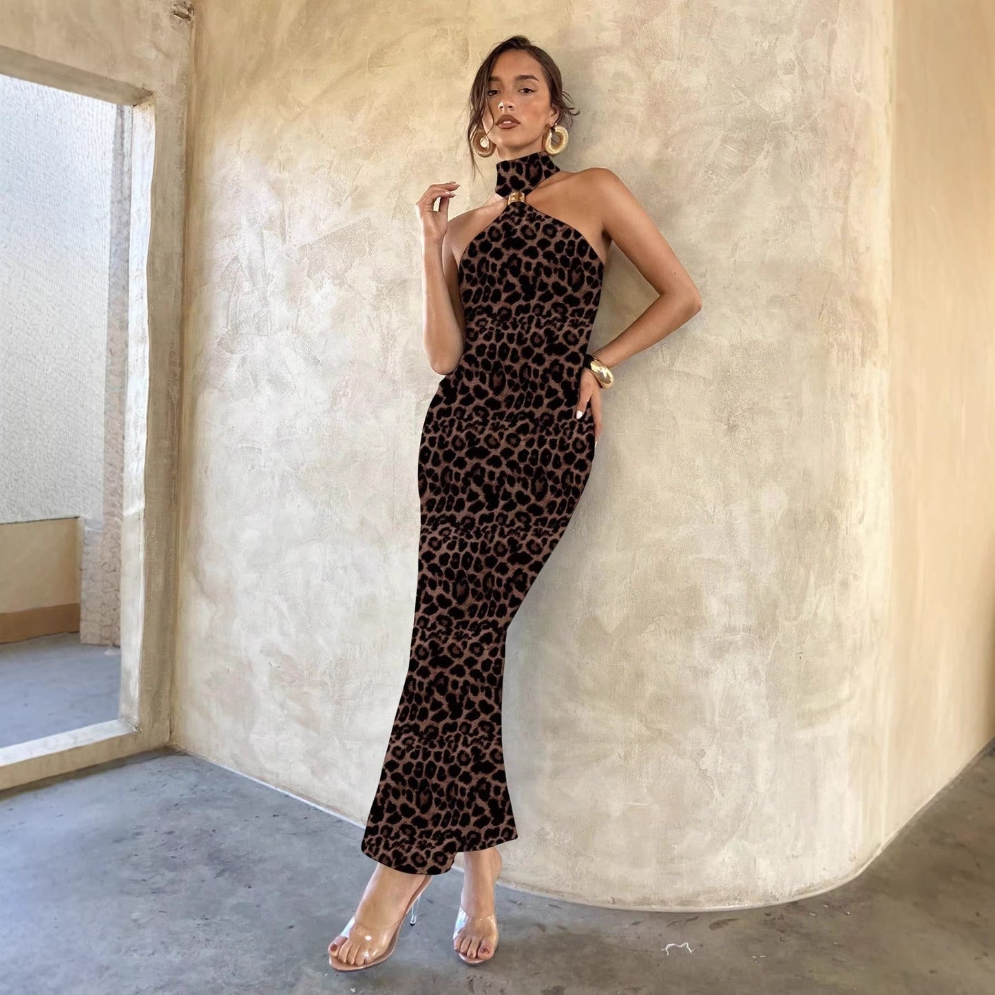 Bodycon Leopard Print Maxi Dress with Halter Neck