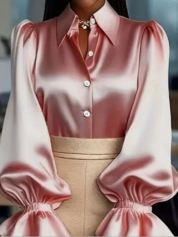 Solid Satin Blouse with Puff Sleeves and Ruffled Cuffs