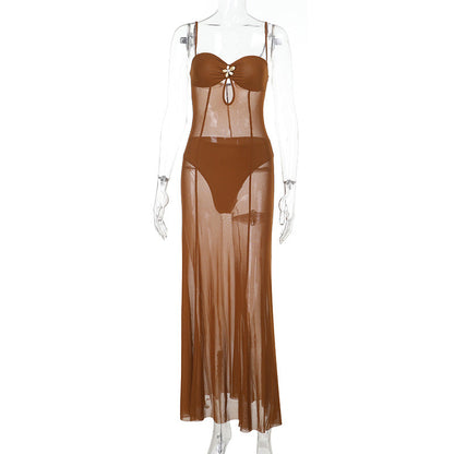 Long Mesh Perspective Dress With Metal Flower Collar Brown