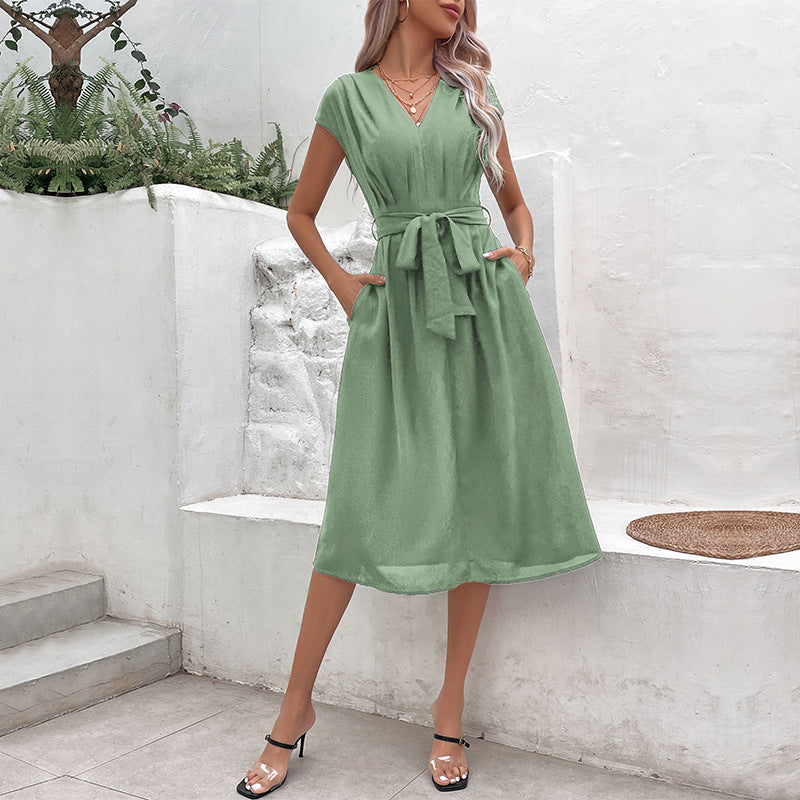 A-Line Midi Dress with V-Neck and Self-Tie Waist