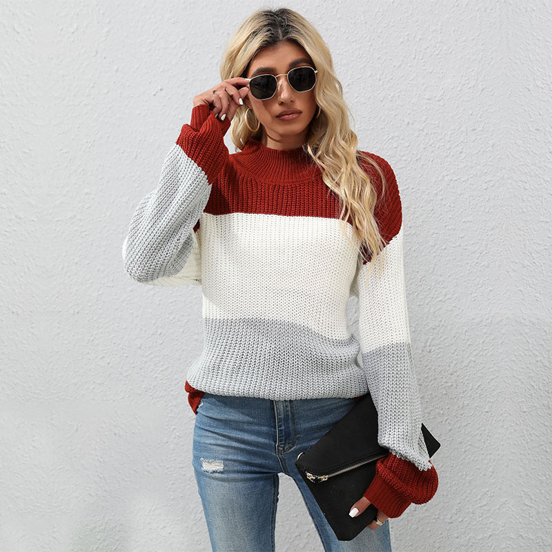 Oversized Color Block Sweater with Half-Turtleneck