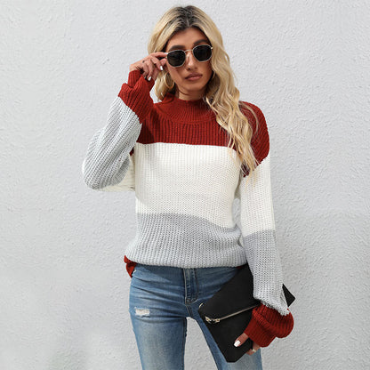 Oversized Color Block Sweater with Half-Turtleneck