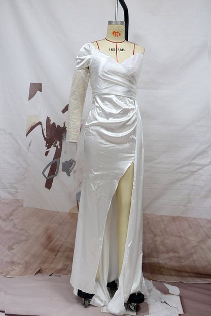 Draped Sheath Gown with One-Shoulder and High Slit