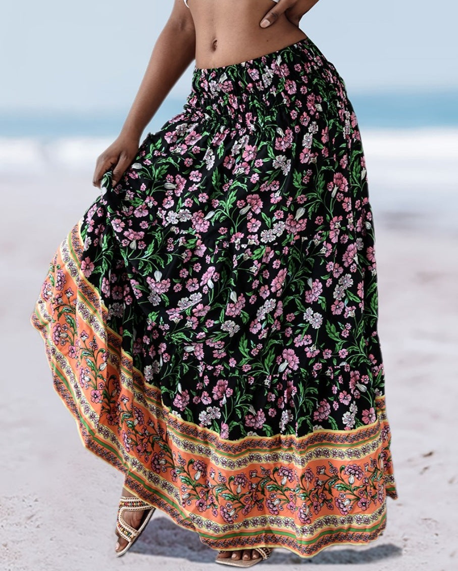 Floral Print Maxi Skirt with High Waist and Tiered Hem