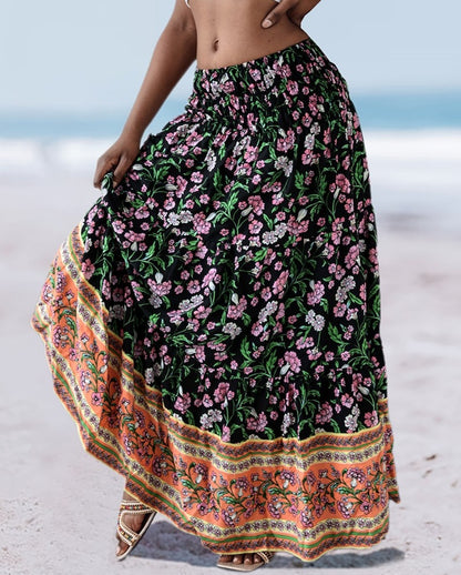 Floral Print Maxi Skirt with High Waist and Tiered Hem