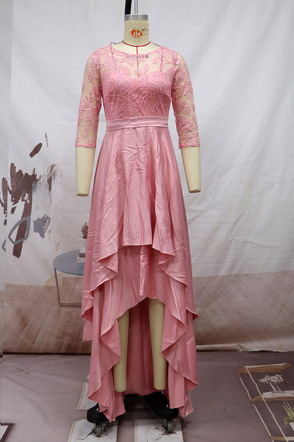 High-Low Dress with Sequin Lace Bodice and 3/4 Sleeves