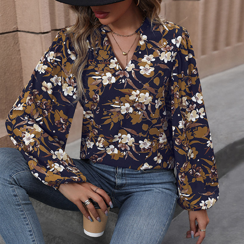 Floral Print Blouse with V-Neck and Balloon Sleeves