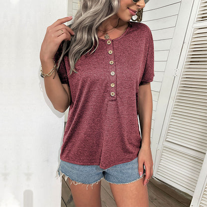 Loose Short-Sleeve Henley Top with Button Front