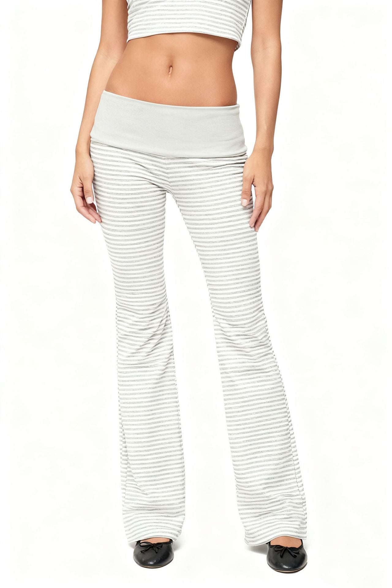 Striped Micro-Flared Trousers with Fold-Over Waistband