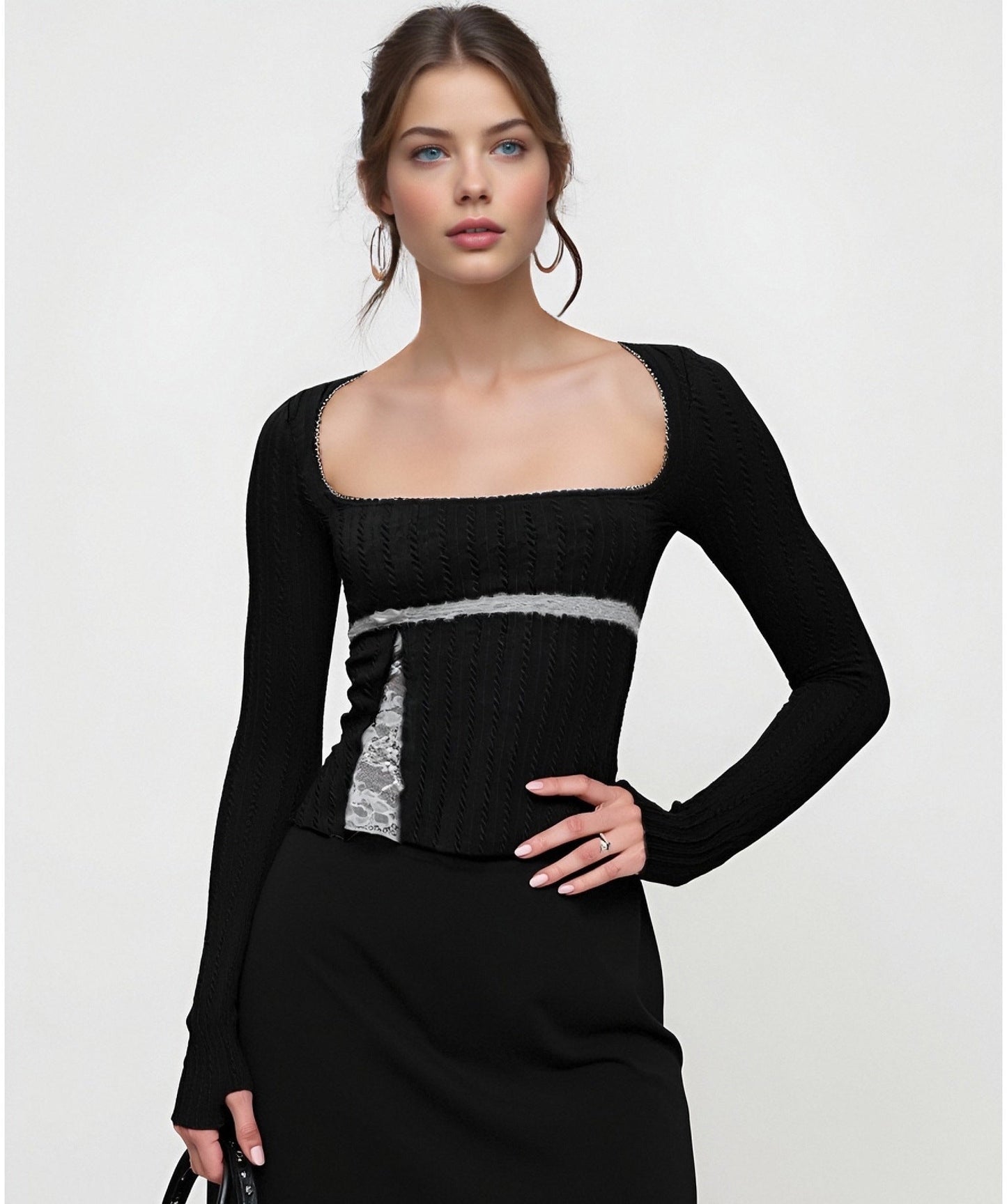 Slim Fit Long Sleeve Top with Square Neck and Lace Splicing