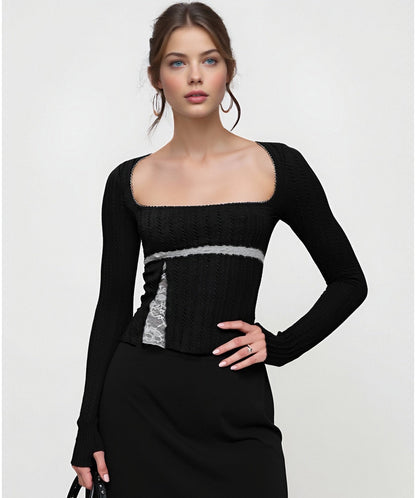 Slim Fit Long Sleeve Top with Square Neck and Lace Splicing