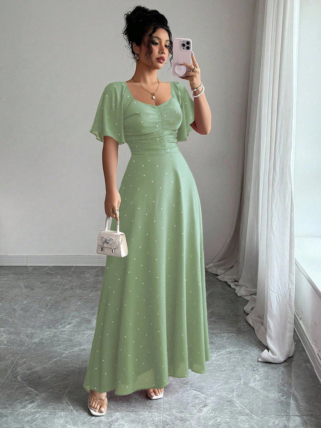Floral Print Maxi Dress with Flutter Sleeves and Ruched Bust