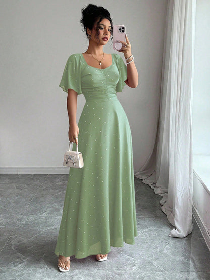 Floral Print Maxi Dress with Flutter Sleeves and Ruched Bust