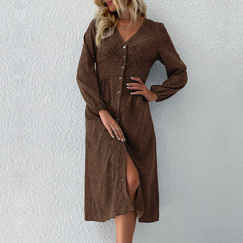 Leopard Print Midi Dress with V-Neck and Button Front