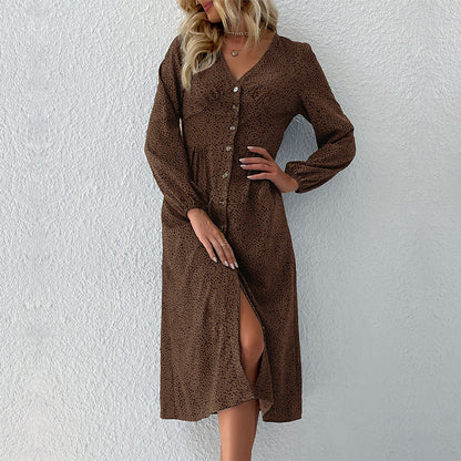 Leopard Print Midi Dress with V-Neck and Button Front