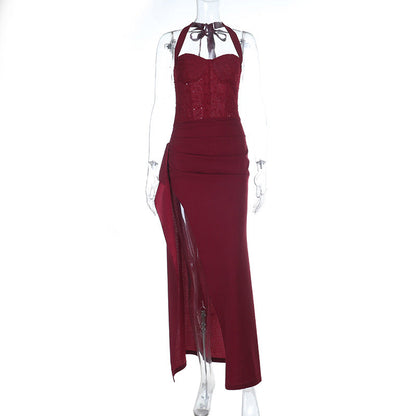 High-Waisted U-Shaped Collar Sleeveless Sequined Long Dress Solid