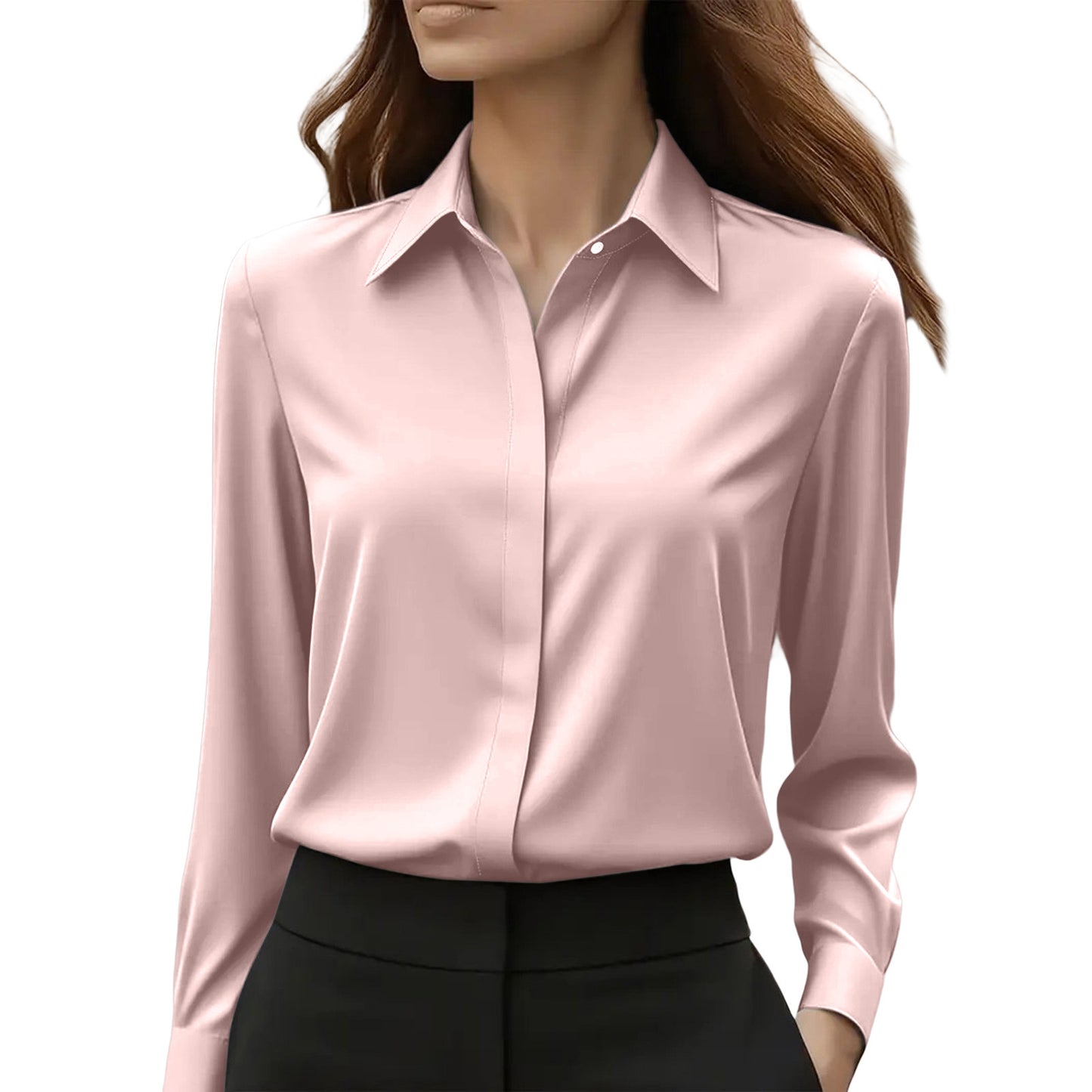 Classic Fit Solid Long-Sleeve Blouse in Silky Polyester