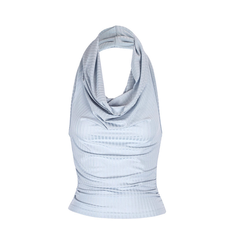 Ribbed Cropped Halter Top with Draped Cowl Neck