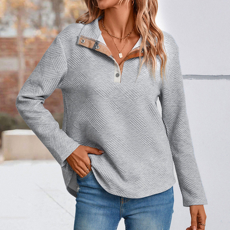 Loose Textured Pullover with Contrast Henley Collar