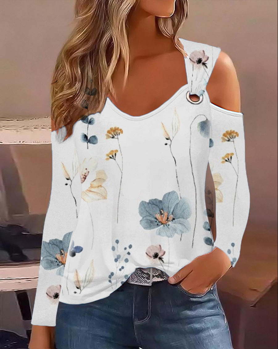 Printed Cold Shoulder Top with V-Neck and Metal Ring