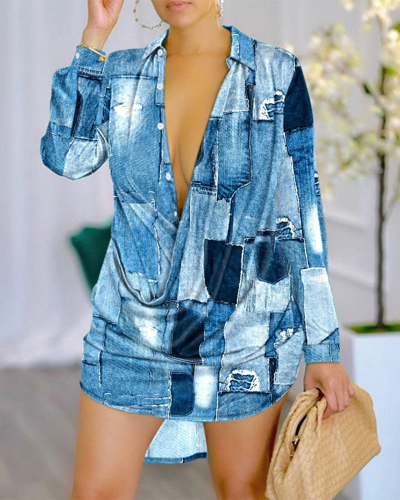 Chain Print Mini Shirt Dress with Draped Front