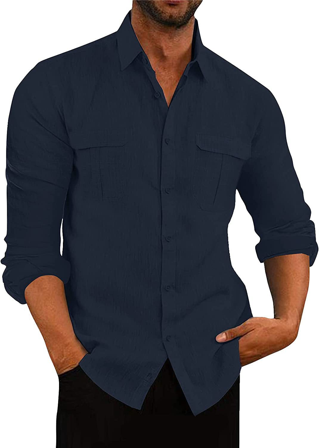 Solid Cotton Linen Shirt with Double Chest Pockets