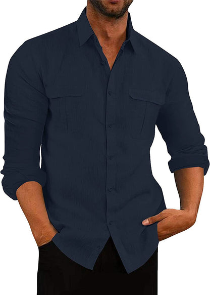 Solid Cotton Linen Shirt with Double Chest Pockets