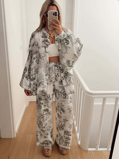 Toile Print Two-Piece Set with Oversized Shirt and Wide-Leg Pants