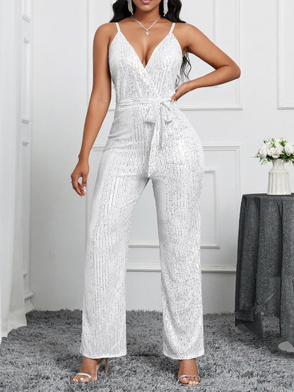 Sequined Straight-Leg Jumpsuit with V-Neck and Tie-Waist