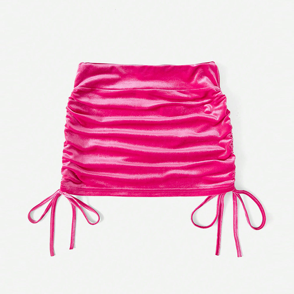Ruched Velvet Bodycon Mini Skirt with Side Drawstrings