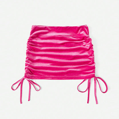 Ruched Velvet Bodycon Mini Skirt with Side Drawstrings