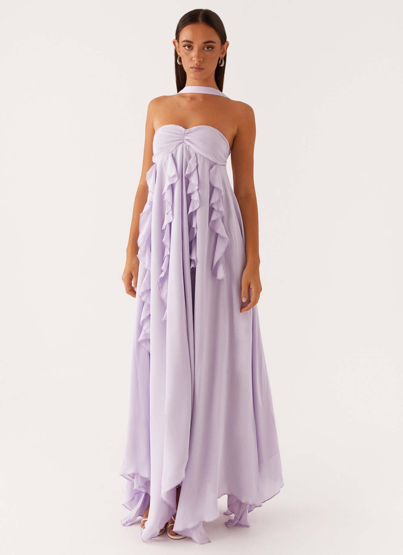 Ruffled Chiffon Maxi Dress with Halterneck and Open Back